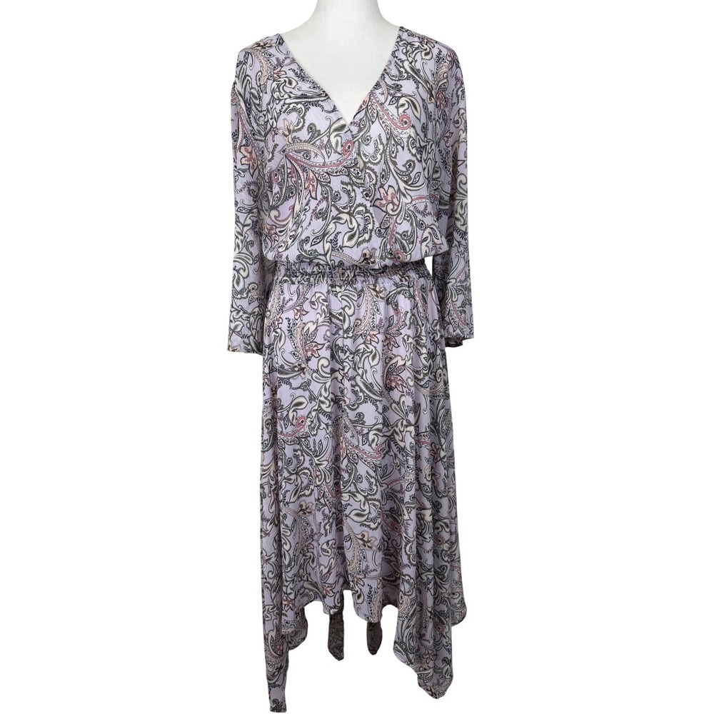 Catherines Women's 1X Paisley Midi Dress Purple Handkerchief Hem Smocked Waist‎
